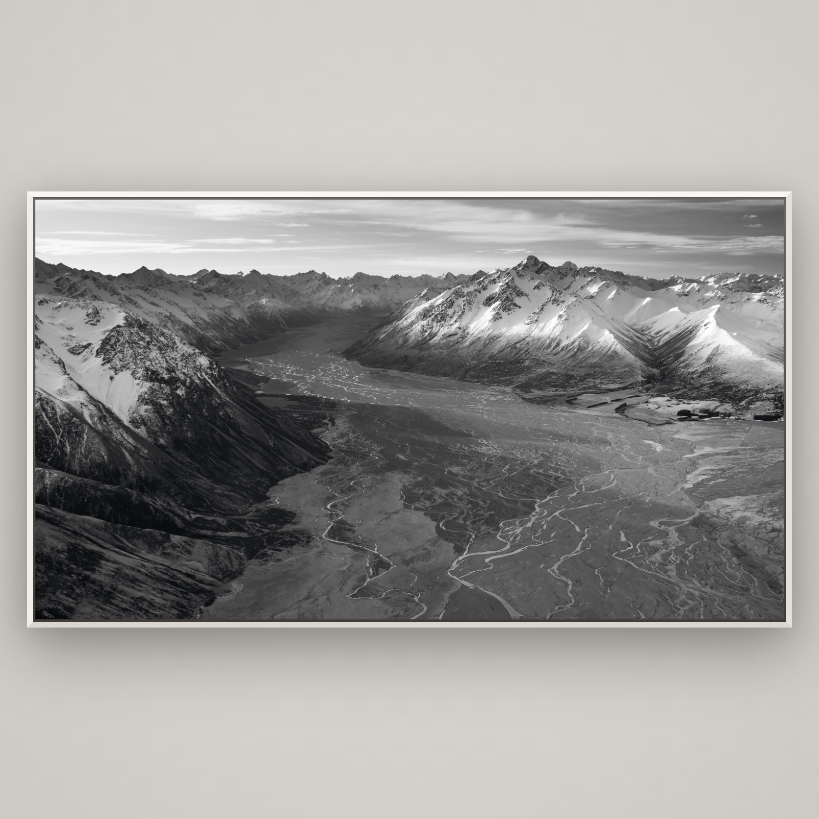 Majestic Solitude, Godley Valley's Embrace — Basel White, 196×110 cm. New Zealand fine art wall art by Stephen Milner.