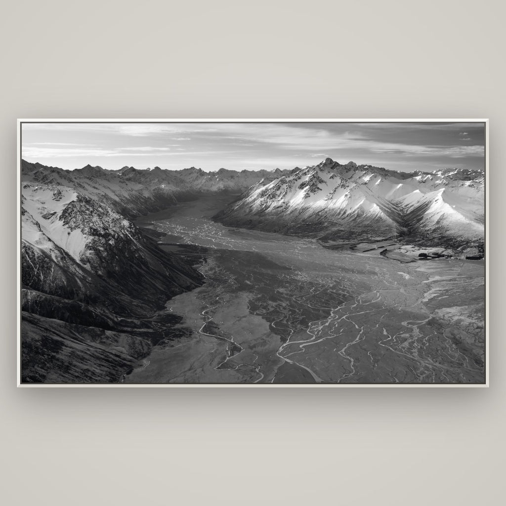 Majestic Solitude, Godley Valley's Embrace — Basel White, 196×110 cm. New Zealand fine art wall art by Stephen Milner.