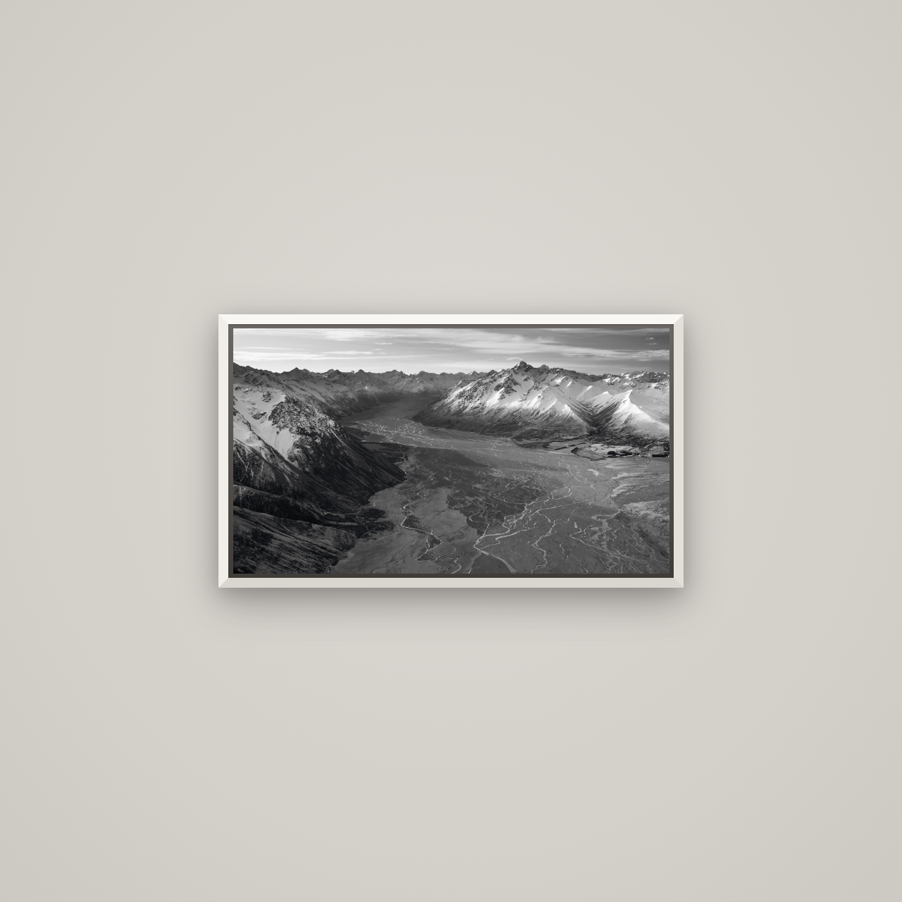Majestic Solitude, Godley Valley's Embrace — Basel White, 64×36 cm. New Zealand fine art wall art by Stephen Milner.