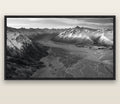 Majestic Solitude, Godley Valley's Embrace — black float frame canvas, 200 × 130 cm. New Zealand fine art landscape wall art by Stephen Milner.