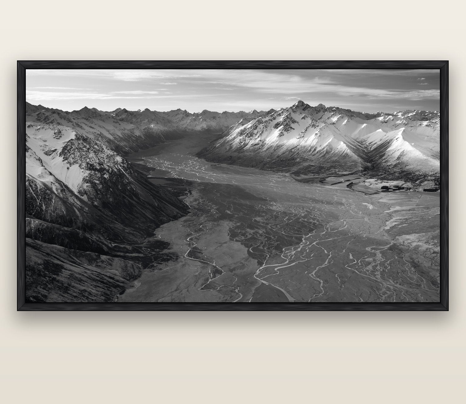 Majestic Solitude, Godley Valley's Embrace — black float frame canvas, 200 × 130 cm. New Zealand fine art landscape wall art by Stephen Milner.