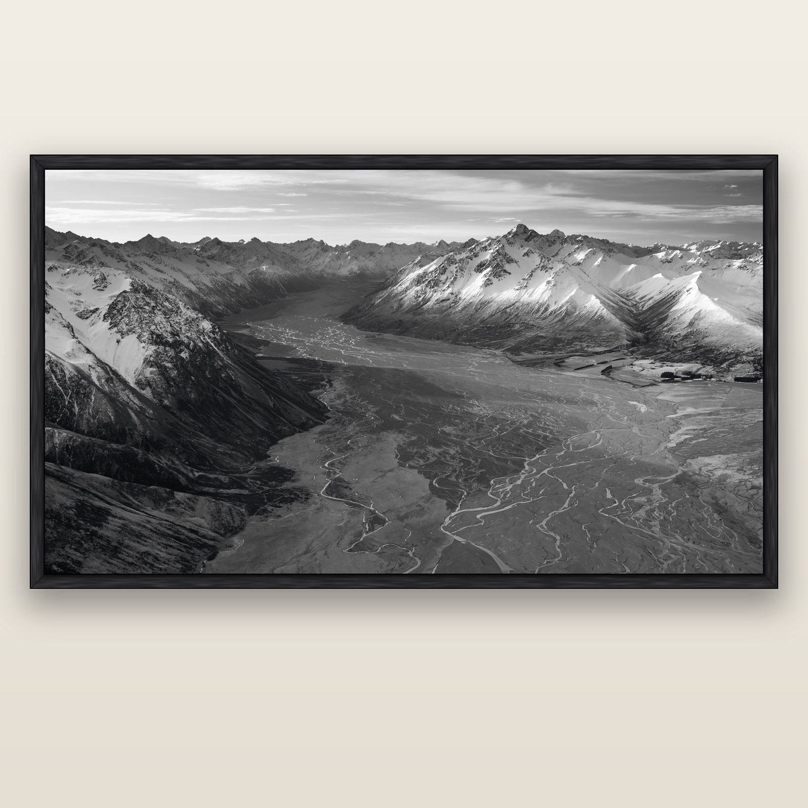 Majestic Solitude, Godley Valley's Embrace — black float frame canvas, 200 × 130 cm. New Zealand fine art landscape wall art by Stephen Milner.