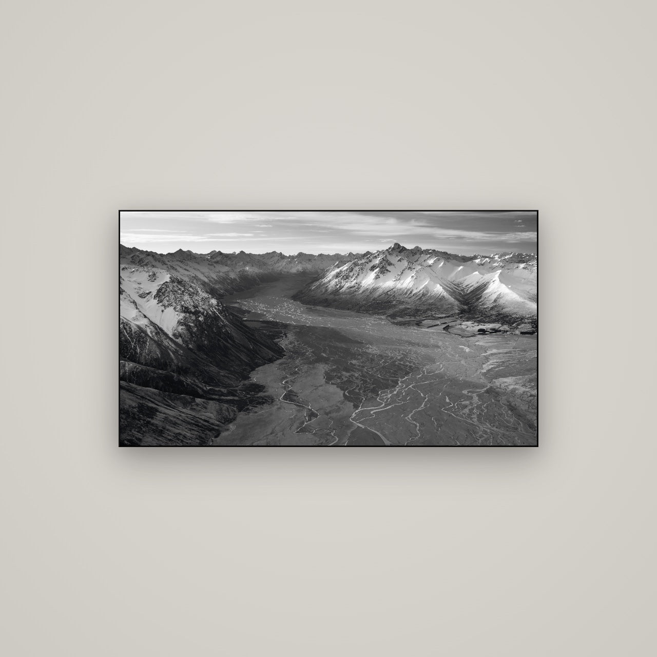 Majestic Solitude, Godley Valley's Embrace — Slimline Black, 107×60 cm. New Zealand fine art wall art by Stephen Milner.