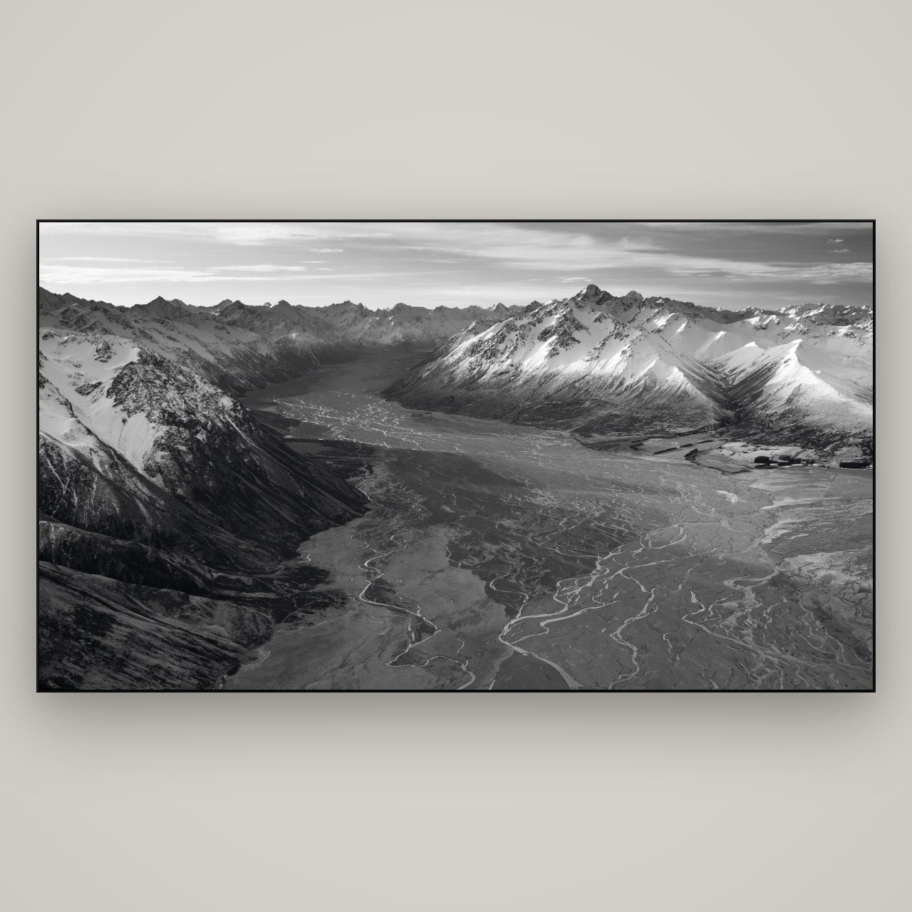 Majestic Solitude, Godley Valley's Embrace — Slimline Black, 196×110 cm. New Zealand fine art wall art by Stephen Milner.