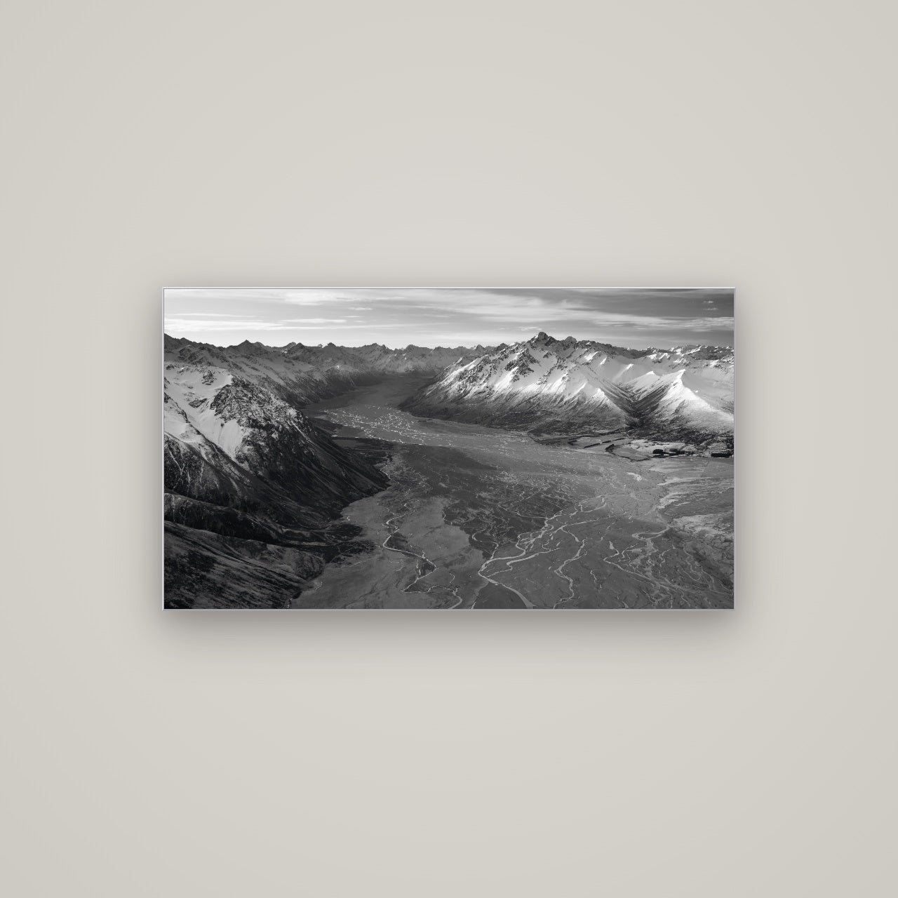 Majestic Solitude, Godley Valley's Embrace — Slimline Silver, 107×60 cm. New Zealand fine art wall art by Stephen Milner.