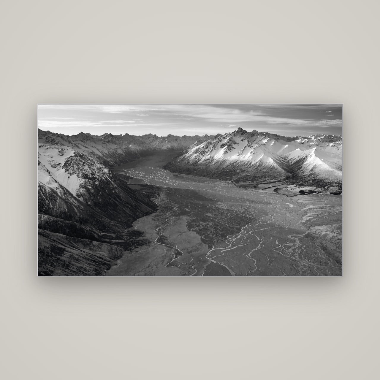 Majestic Solitude, Godley Valley's Embrace — Slimline Silver, 160×90 cm. New Zealand fine art wall art by Stephen Milner.