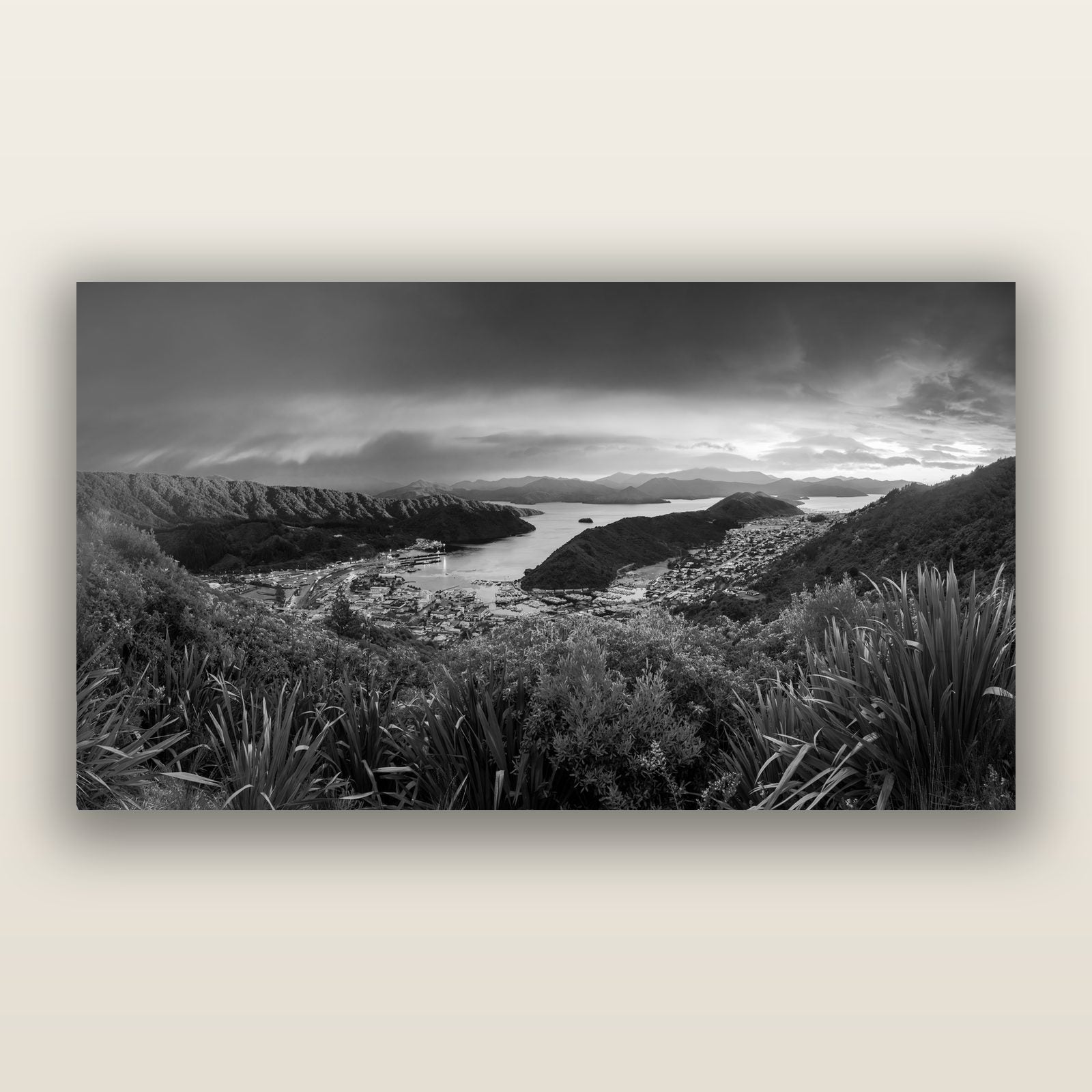 Marlborough Dawn Unveiled, Picton, black and white frameless acrylic glass print. New Zealand fine art photography by Stephen Milner.