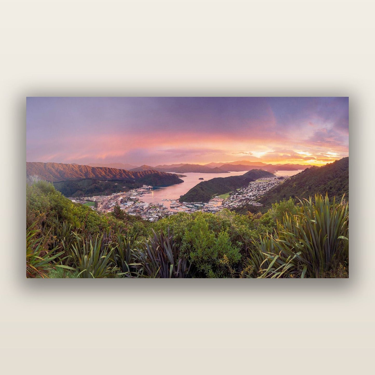 Marlborough Dawn Unveiled, Picton — frameless acrylic glass print. New Zealand fine art landscape photography by Stephen Milner.