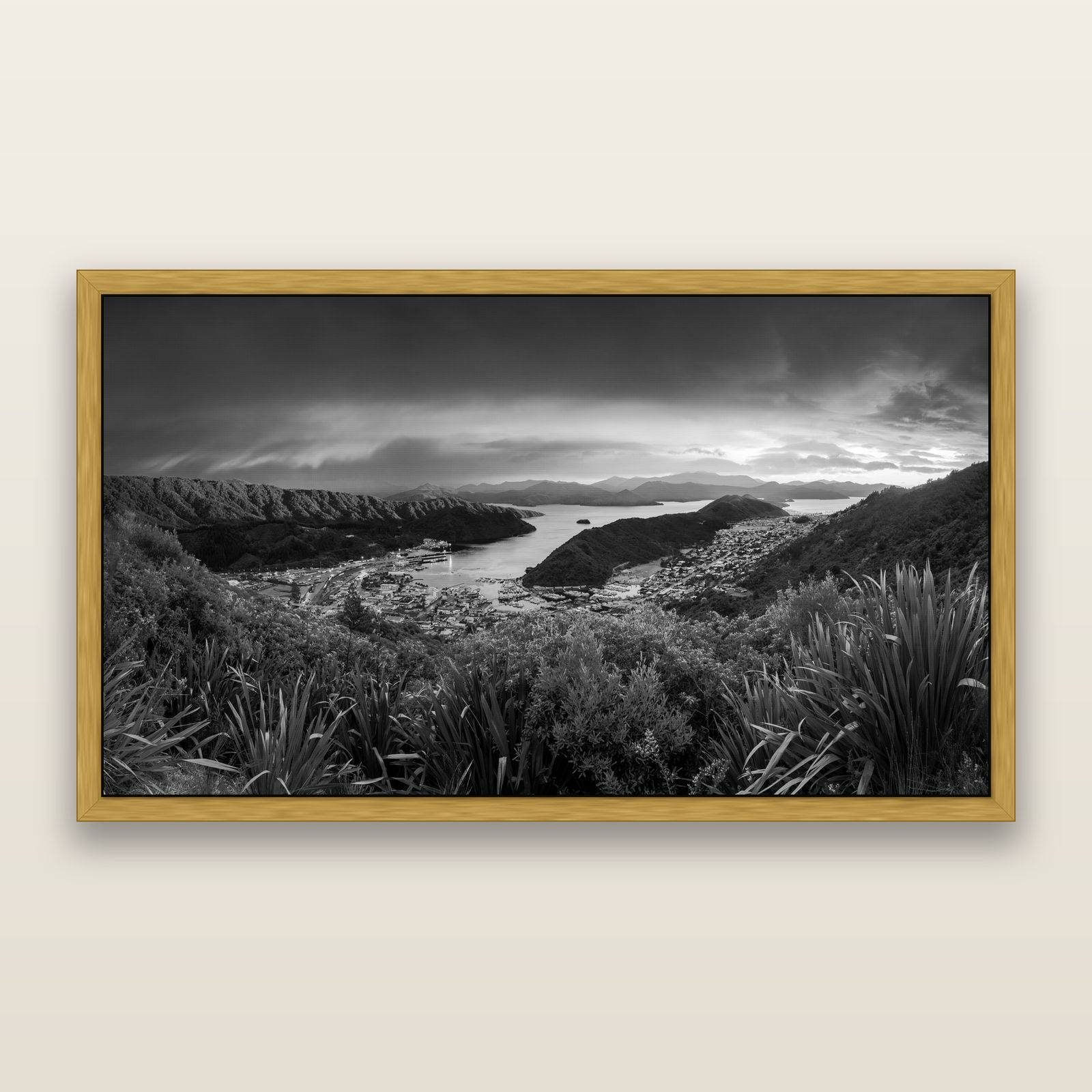 Marlborough Dawn Unveiled, Picton, black and white framed metallic canvas print, Antique Gold frame. New Zealand fine art wall art by Stephen Milner.