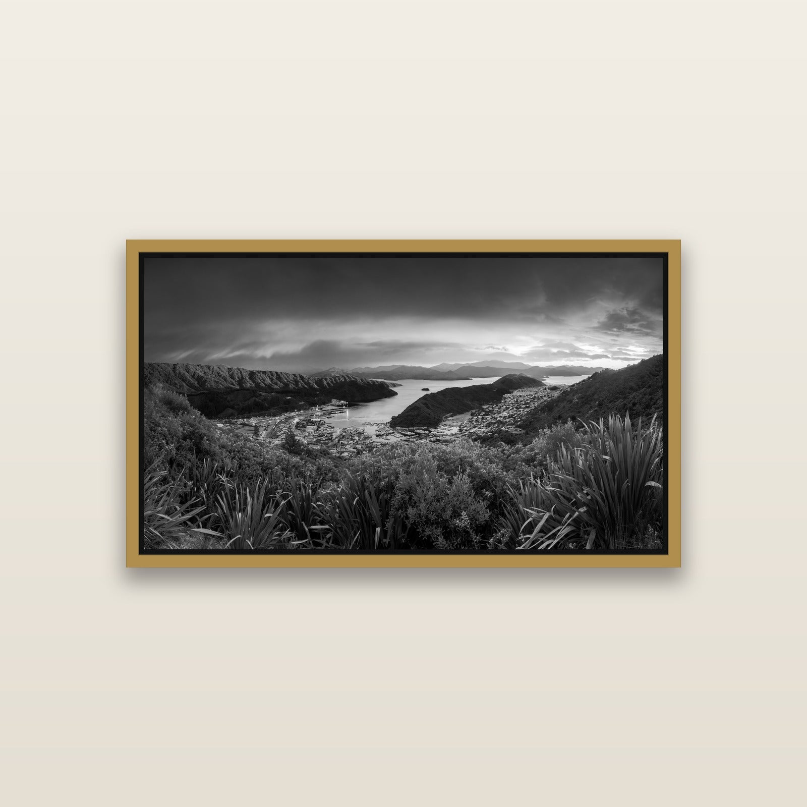Marlborough Dawn Unveiled, Picton — Antique Gold framed metallic canvas print, small 81 × 46 cm. New Zealand fine art landscape wall art by Stephen Milner.
