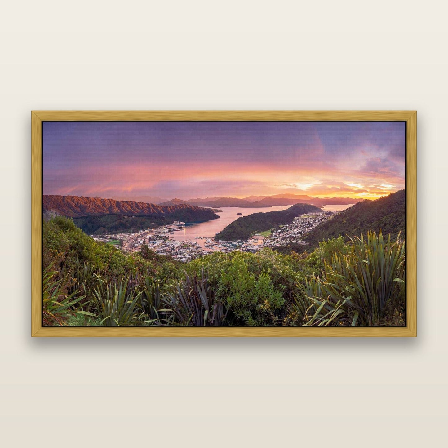 Marlborough Dawn Unveiled, Picton — framed metallic canvas print, Antique Gold frame. New Zealand fine art landscape wall art by Stephen Milner.