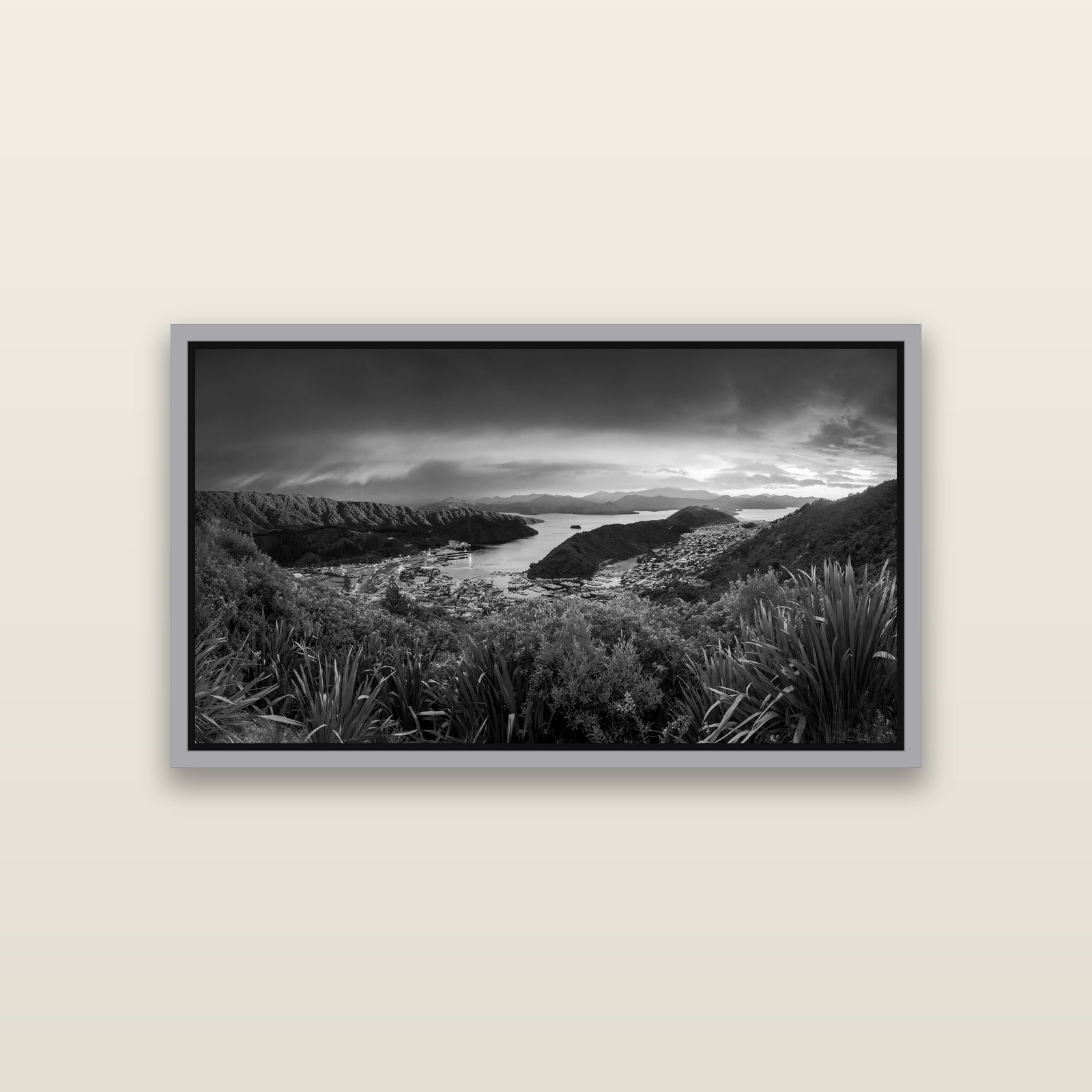 Marlborough Dawn Unveiled, Picton — Antique Silver framed metallic canvas print, small 81 × 46 cm. New Zealand fine art landscape wall art by Stephen Milner.