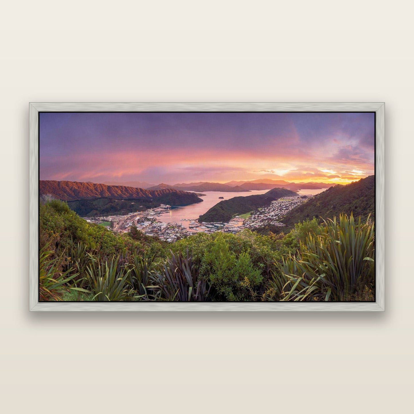 Marlborough Dawn Unveiled, Picton — framed metallic canvas print, Antique Silver frame. New Zealand fine art landscape wall art by Stephen Milner.
