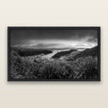 Marlborough Dawn Unveiled, Picton, black and white framed metallic canvas print, Black frame. New Zealand fine art wall art by Stephen Milner.