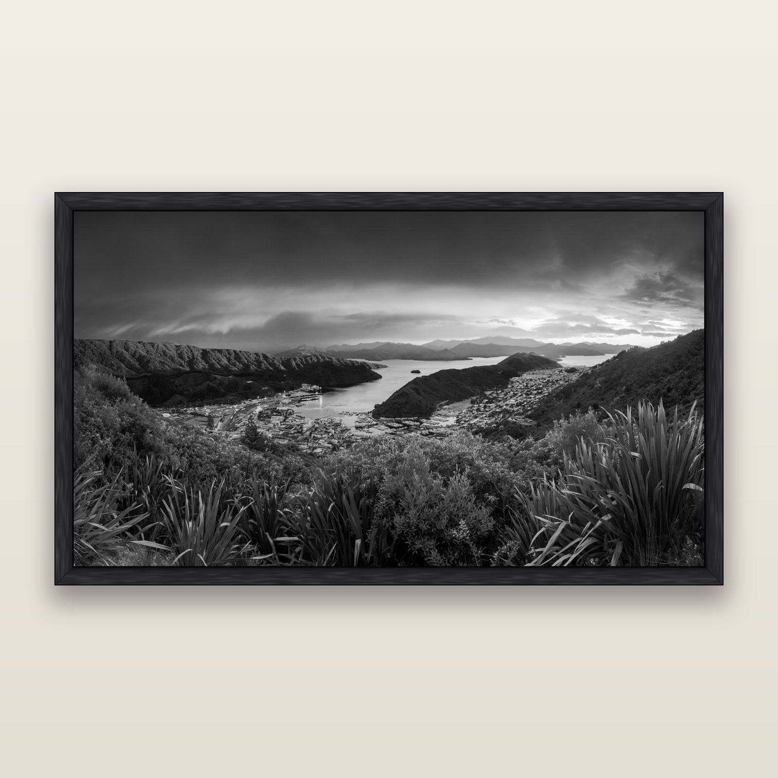 Marlborough Dawn Unveiled, Picton, black and white framed metallic canvas print, Black frame. New Zealand fine art wall art by Stephen Milner.