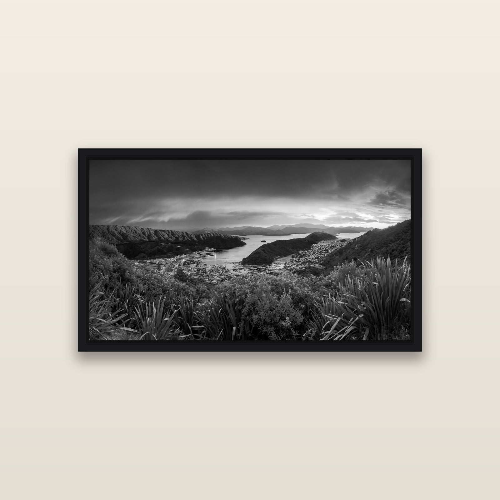 Marlborough Dawn Unveiled, Picton — Black framed metallic canvas print, small 81 × 46 cm. New Zealand fine art landscape wall art by Stephen Milner.
