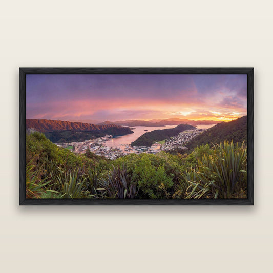 Marlborough Dawn Unveiled, Picton — framed metallic canvas print, Black frame. New Zealand fine art landscape wall art by Stephen Milner.