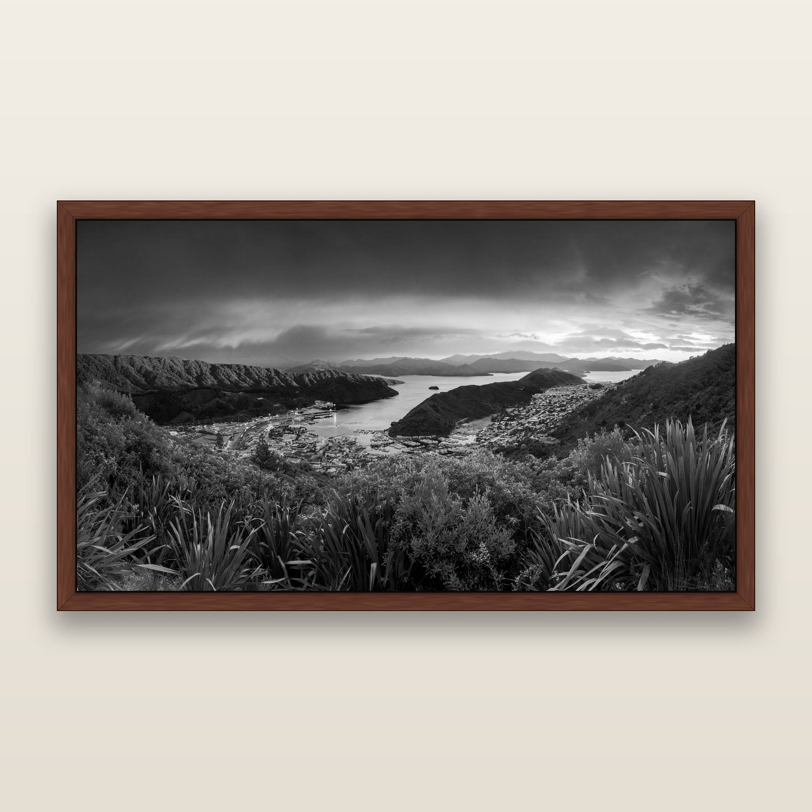 Marlborough Dawn Unveiled, Picton, black and white framed metallic canvas print, Brown frame. New Zealand fine art wall art by Stephen Milner.
