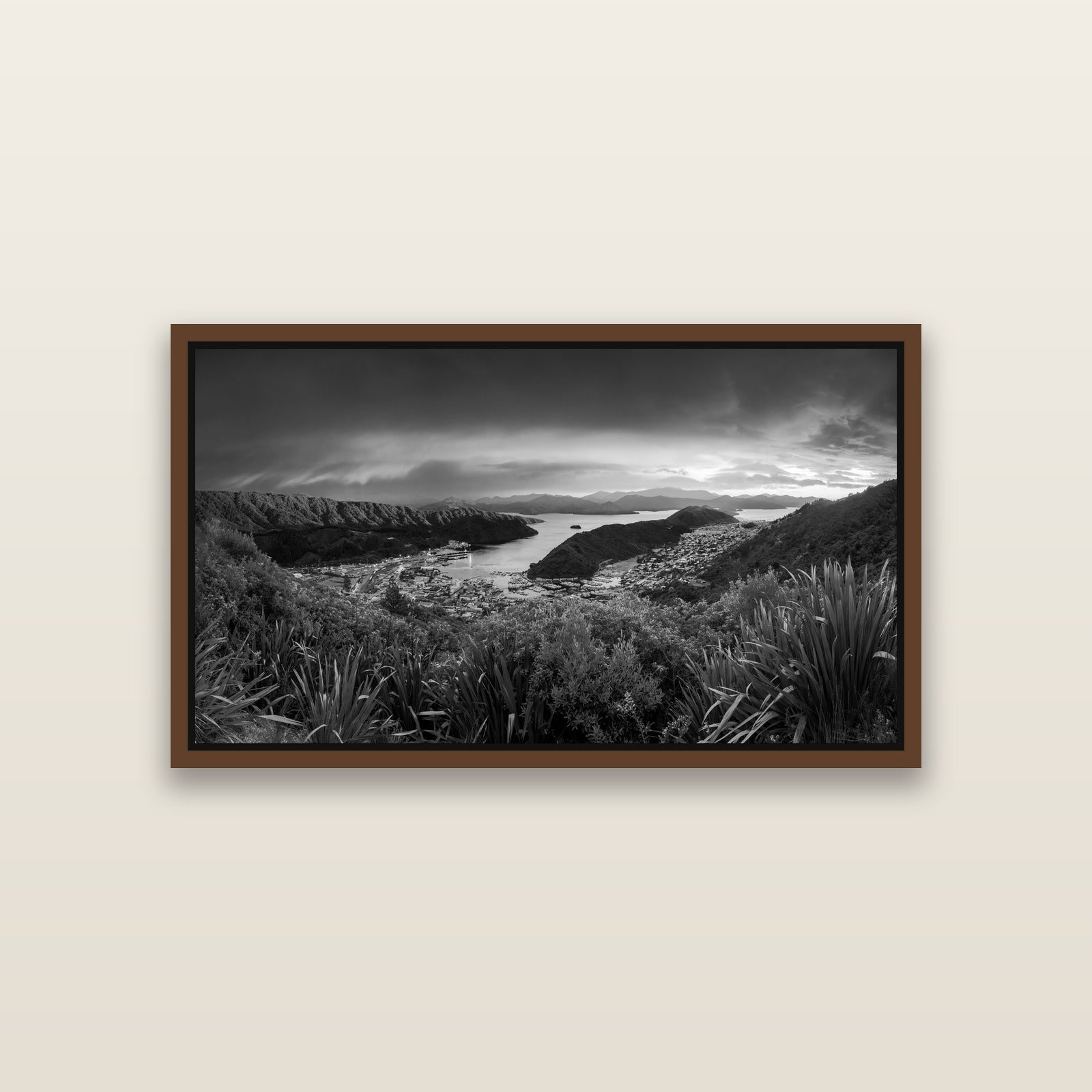 Marlborough Dawn Unveiled, Picton — Brown framed metallic canvas print, small 81 × 46 cm. New Zealand fine art landscape wall art by Stephen Milner.