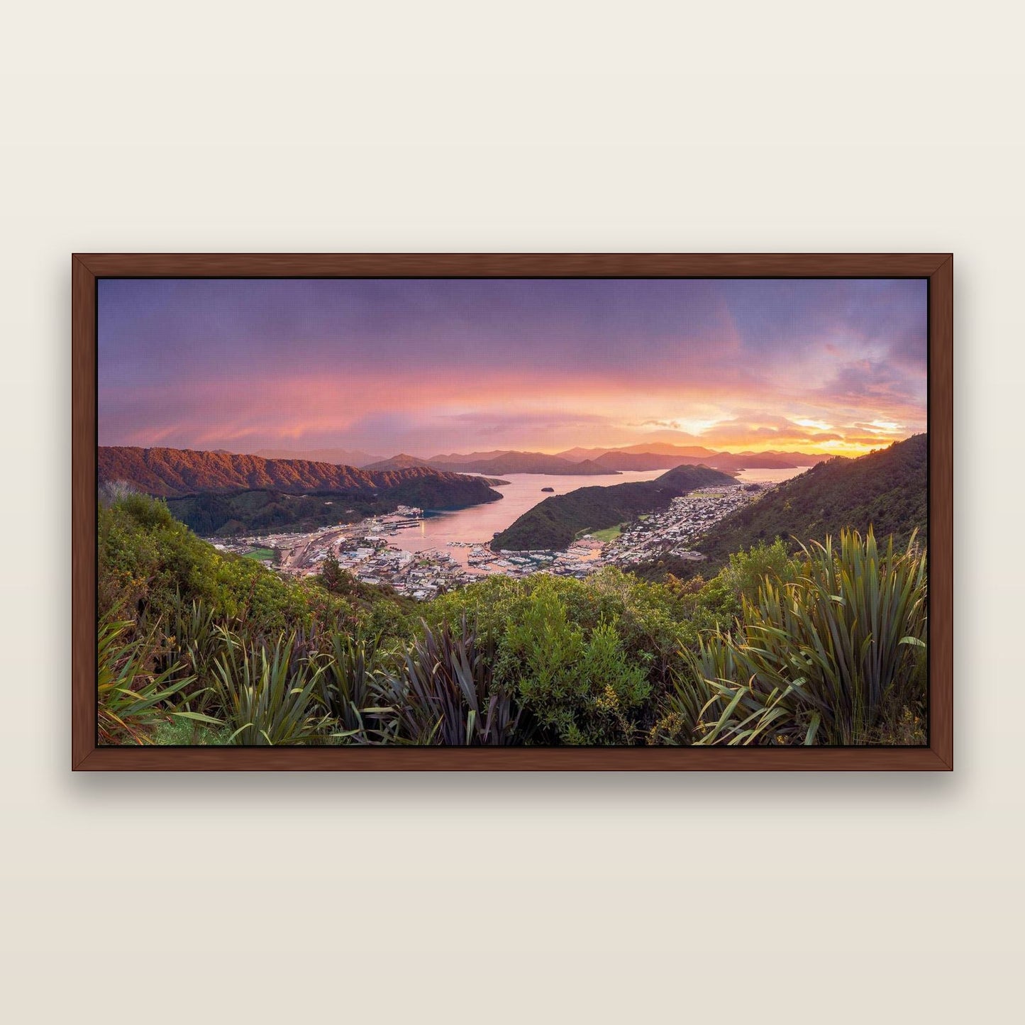 Marlborough Dawn Unveiled, Picton — framed metallic canvas print, Brown frame. New Zealand fine art landscape wall art by Stephen Milner.