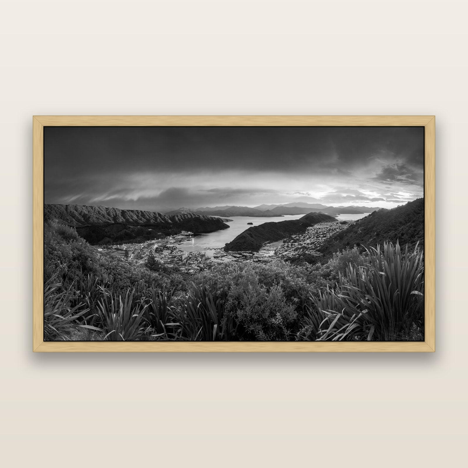 Marlborough Dawn Unveiled, Picton, black and white framed metallic canvas print, Natural frame. New Zealand fine art wall art by Stephen Milner.