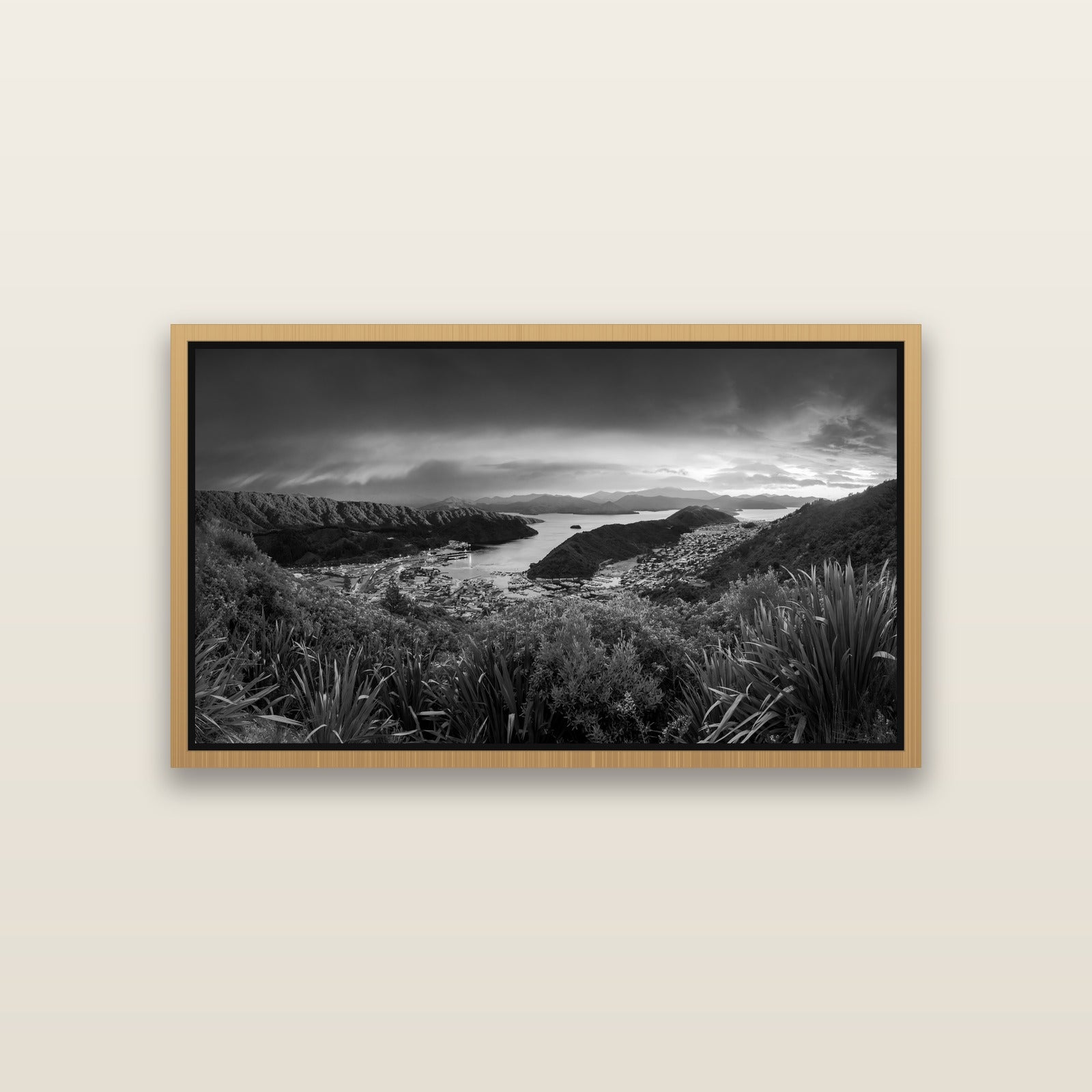 Marlborough Dawn Unveiled, Picton — Natural framed metallic canvas print, small 81 × 46 cm. New Zealand fine art landscape wall art by Stephen Milner.
