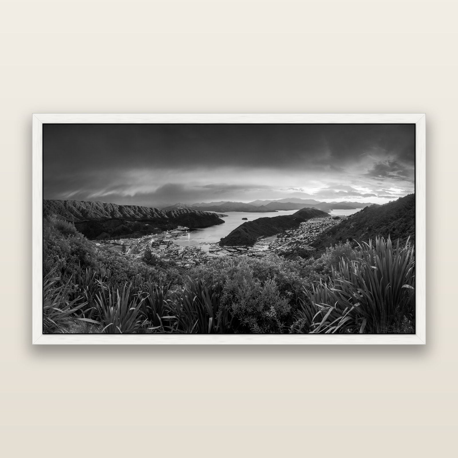 Marlborough Dawn Unveiled, Picton, black and white framed metallic canvas print, White frame. New Zealand fine art wall art by Stephen Milner.