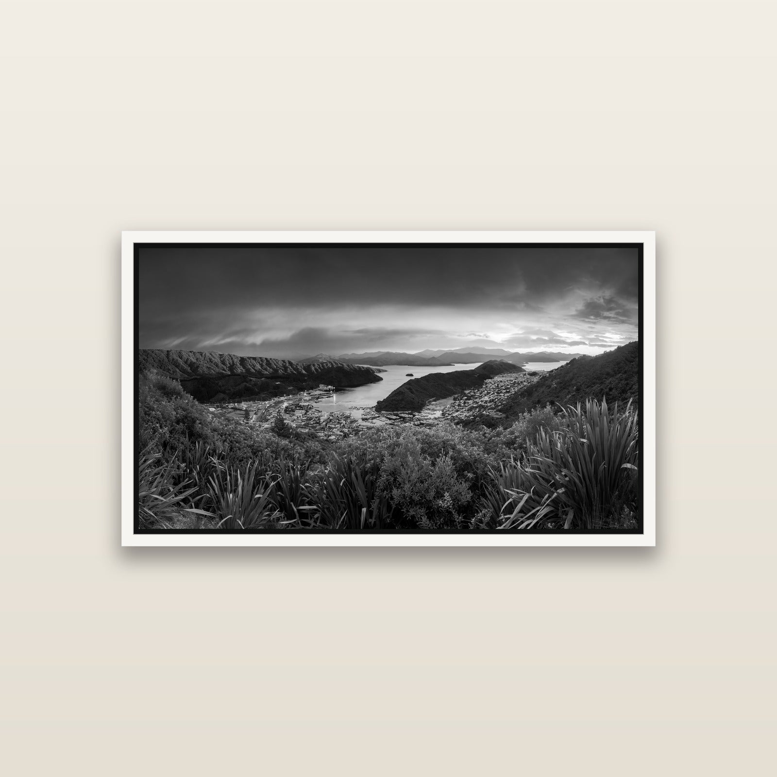 Marlborough Dawn Unveiled, Picton — White framed metallic canvas print, small 81 × 46 cm. New Zealand fine art landscape wall art by Stephen Milner.
