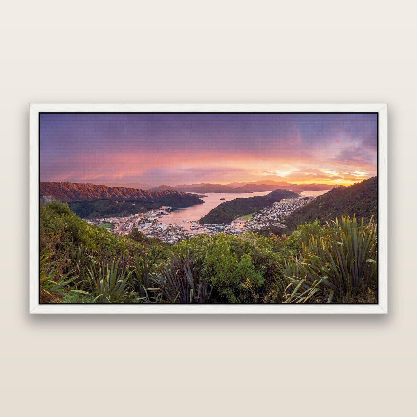 Marlborough Dawn Unveiled, Picton — framed metallic canvas print, White frame. New Zealand fine art landscape wall art by Stephen Milner.