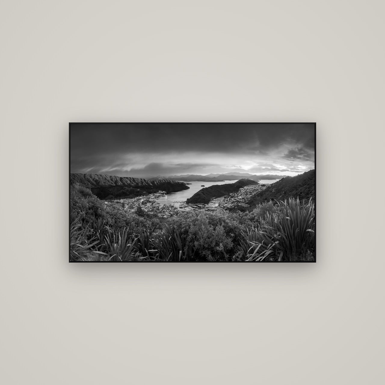 Marlborough Dawn Unveiled, Picton — ArtBox Black, 107×60 cm. New Zealand fine art wall art by Stephen Milner.