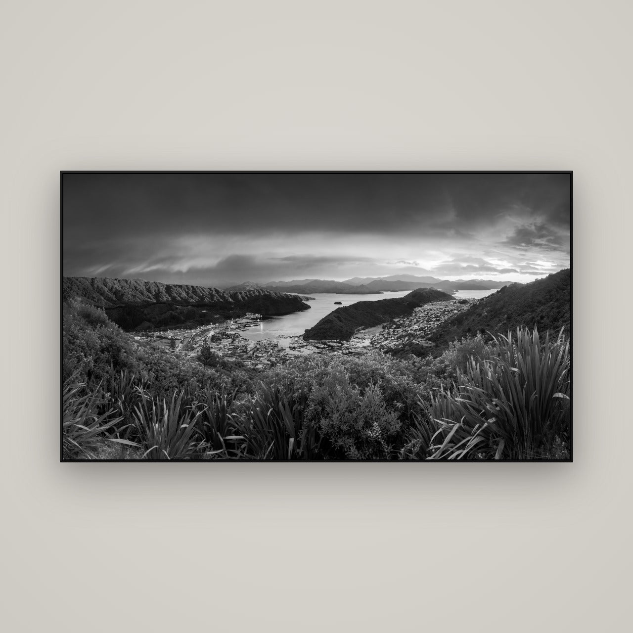 Marlborough Dawn Unveiled, Picton — ArtBox Black, 160×90 cm. New Zealand fine art wall art by Stephen Milner.