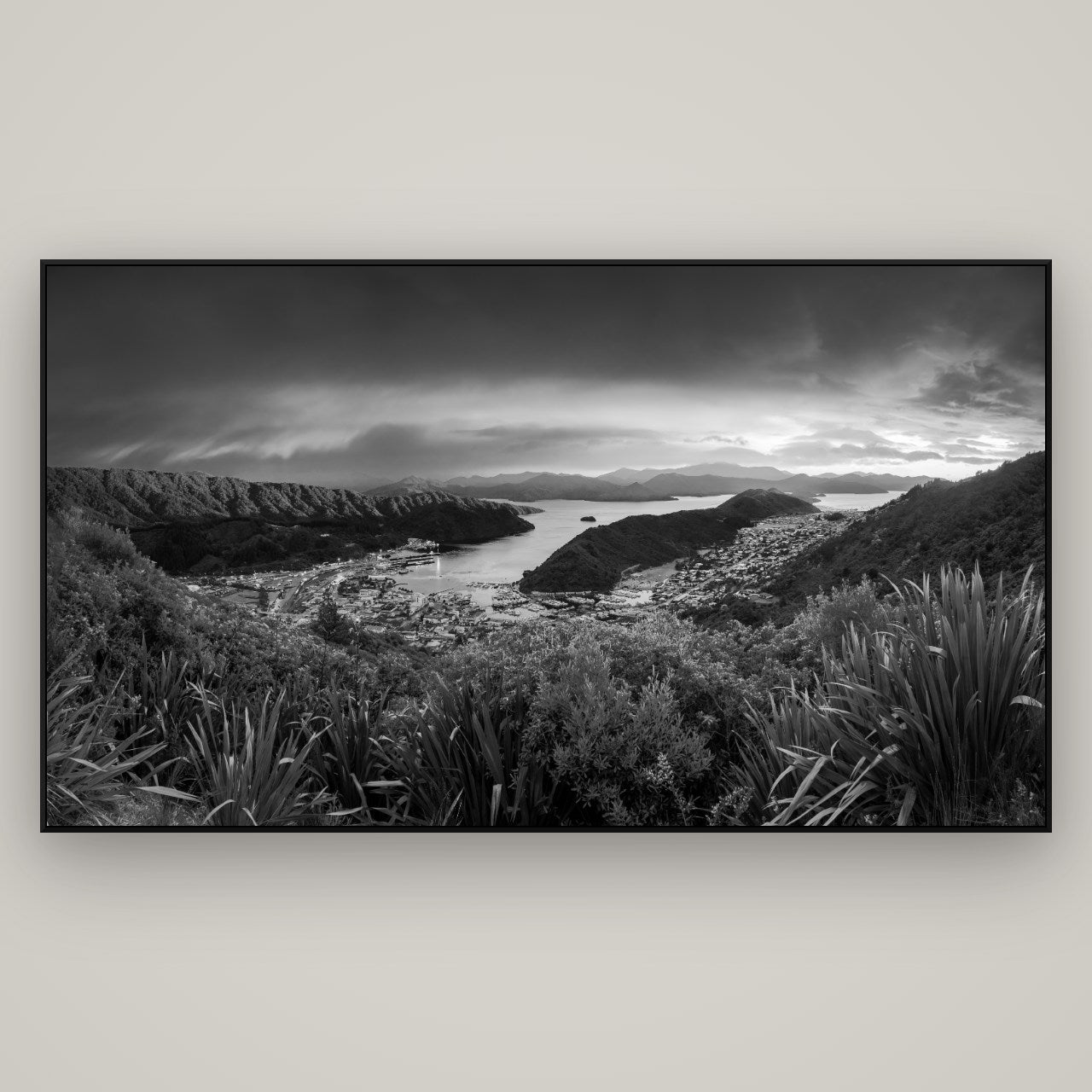 Marlborough Dawn Unveiled, Picton — ArtBox Black, 196×110 cm. New Zealand fine art wall art by Stephen Milner.
