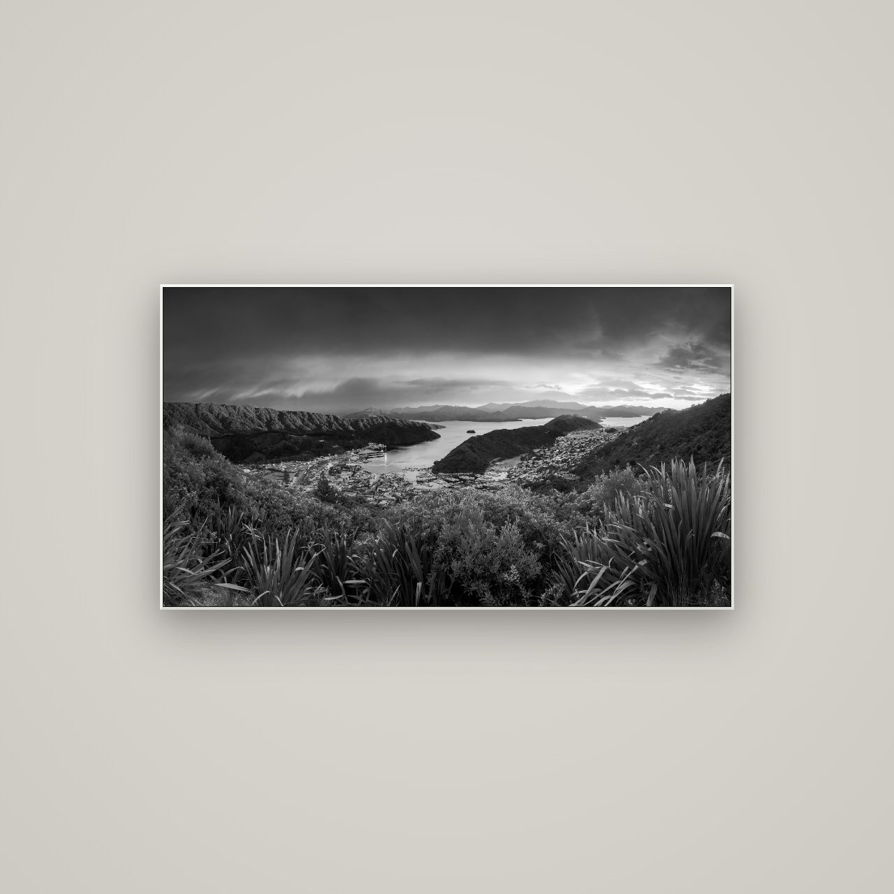 Marlborough Dawn Unveiled, Picton — ArtBox White, 107×60 cm. New Zealand fine art wall art by Stephen Milner.