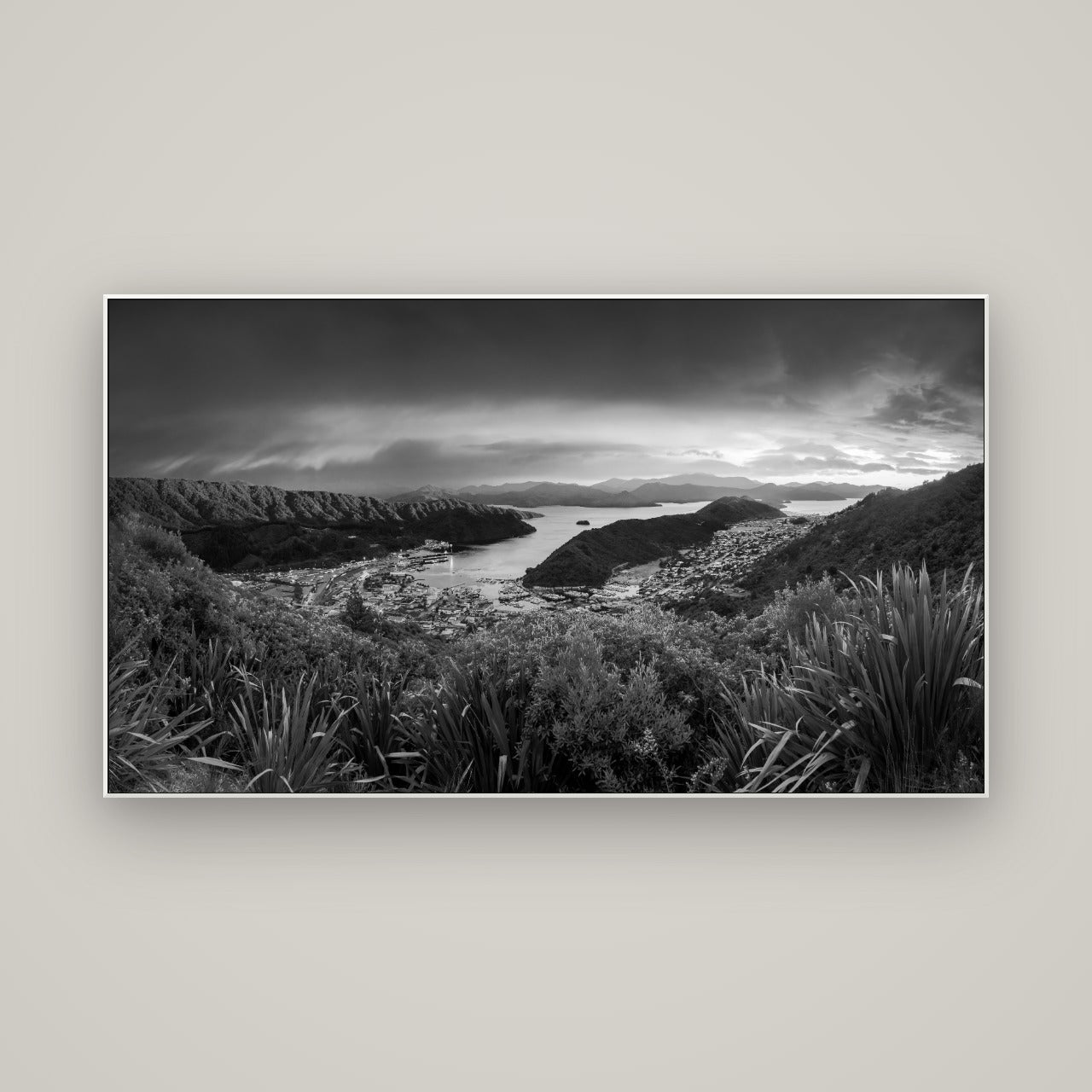 Marlborough Dawn Unveiled, Picton — ArtBox White, 160×90 cm. New Zealand fine art wall art by Stephen Milner.