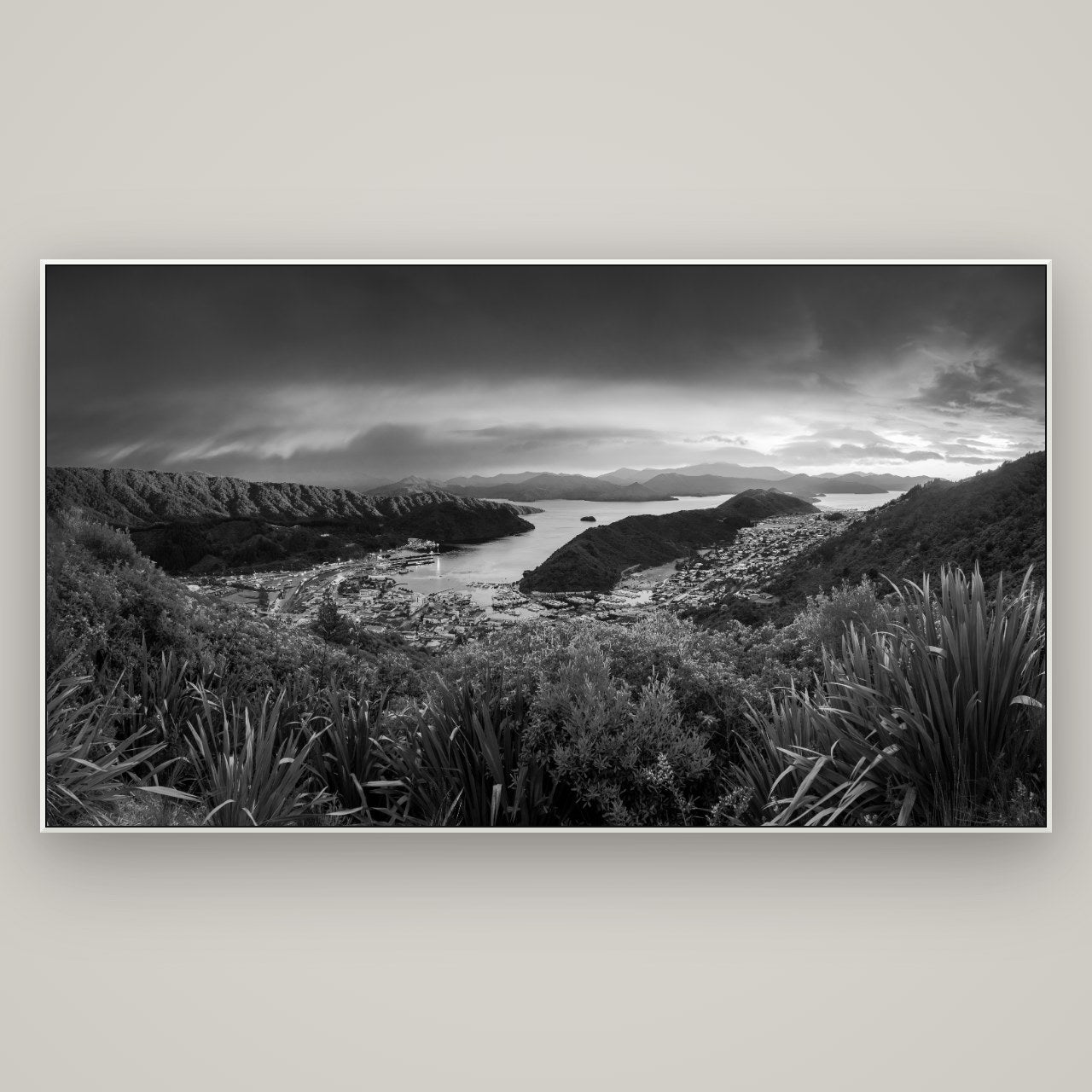 Marlborough Dawn Unveiled, Picton — ArtBox White, 196×110 cm. New Zealand fine art wall art by Stephen Milner.