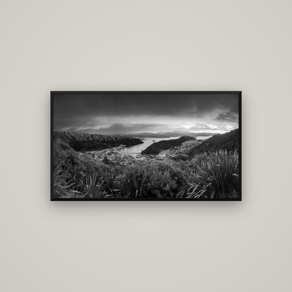 Marlborough Dawn Unveiled, Picton — Basel Black Matte, 107×60 cm. New Zealand fine art wall art by Stephen Milner.