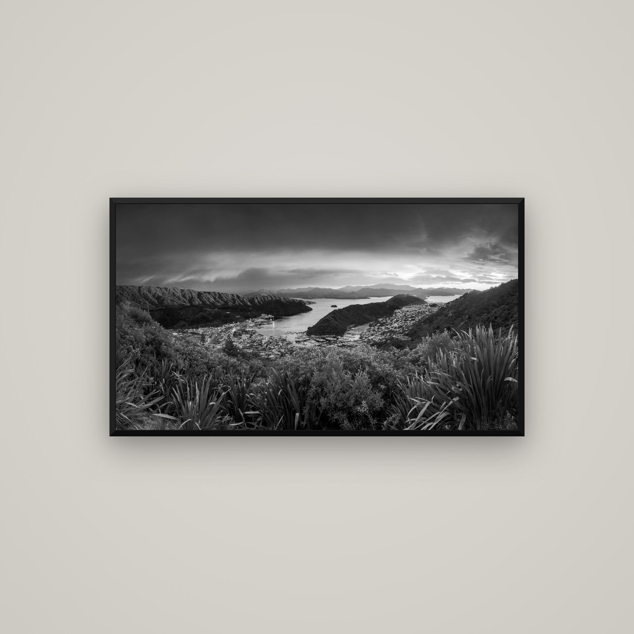 Marlborough Dawn Unveiled, Picton — Basel Black, 107×60 cm. New Zealand fine art wall art by Stephen Milner.