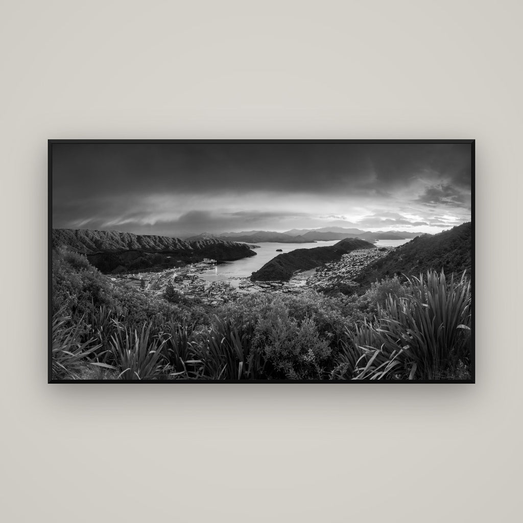 Marlborough Dawn Unveiled, Picton — Basel Black Matte, 160×90 cm. New Zealand fine art wall art by Stephen Milner.