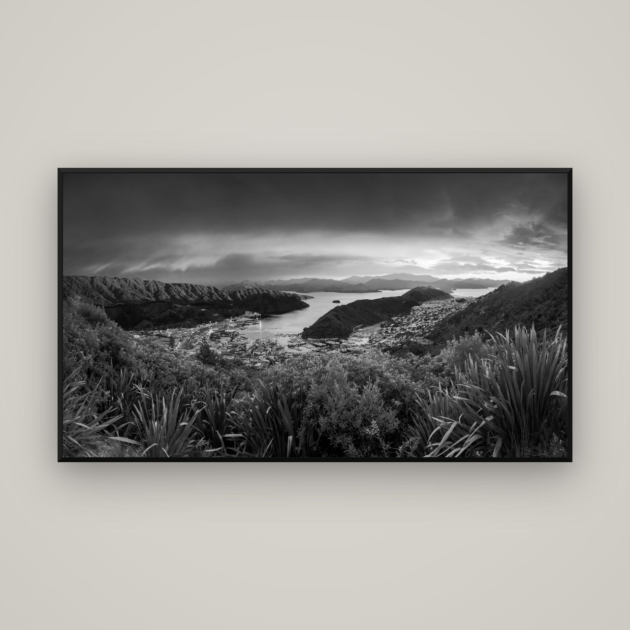 Marlborough Dawn Unveiled, Picton — Basel Black, 160×90 cm. New Zealand fine art wall art by Stephen Milner.