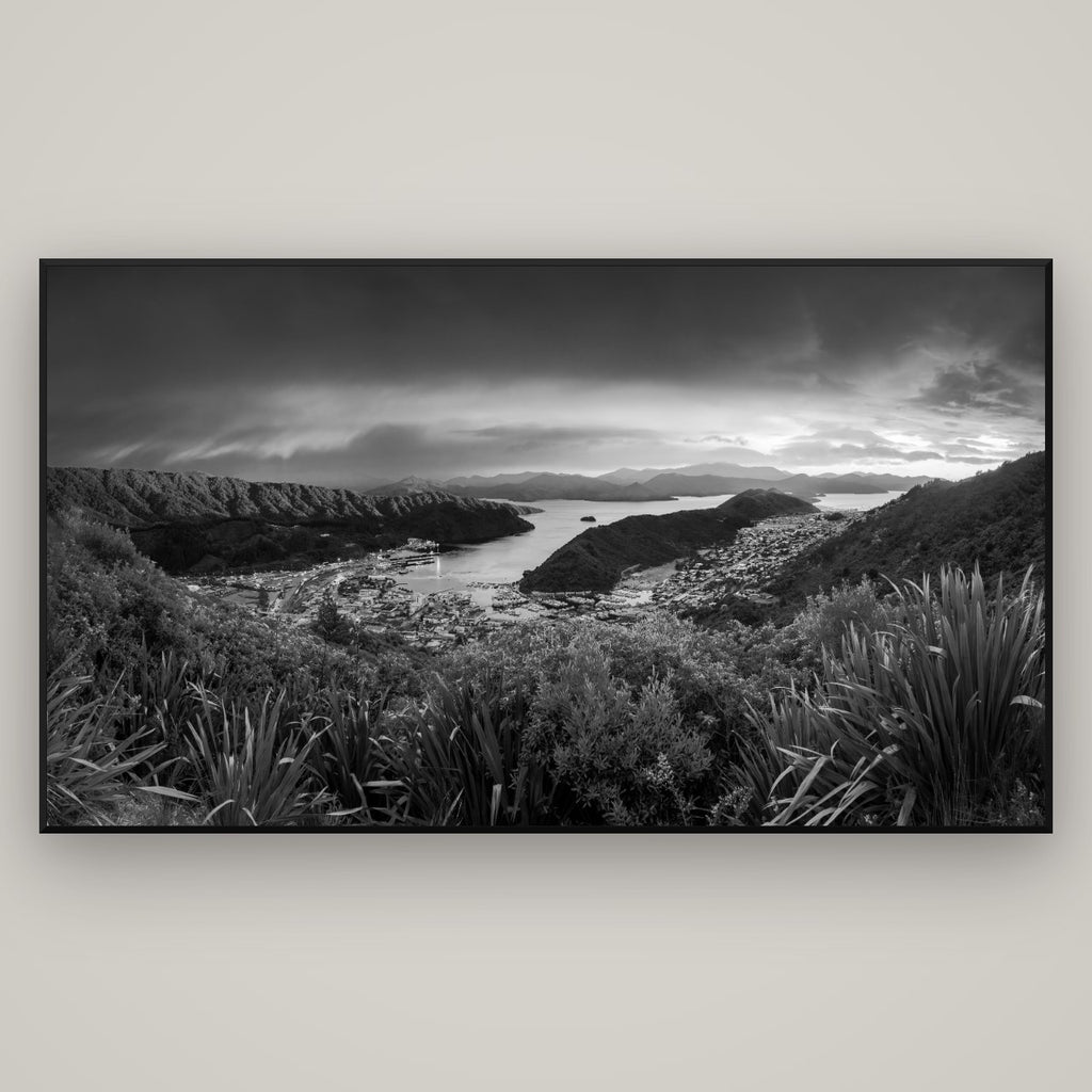Marlborough Dawn Unveiled, Picton — Basel Black Matte, 196×110 cm. New Zealand fine art wall art by Stephen Milner.
