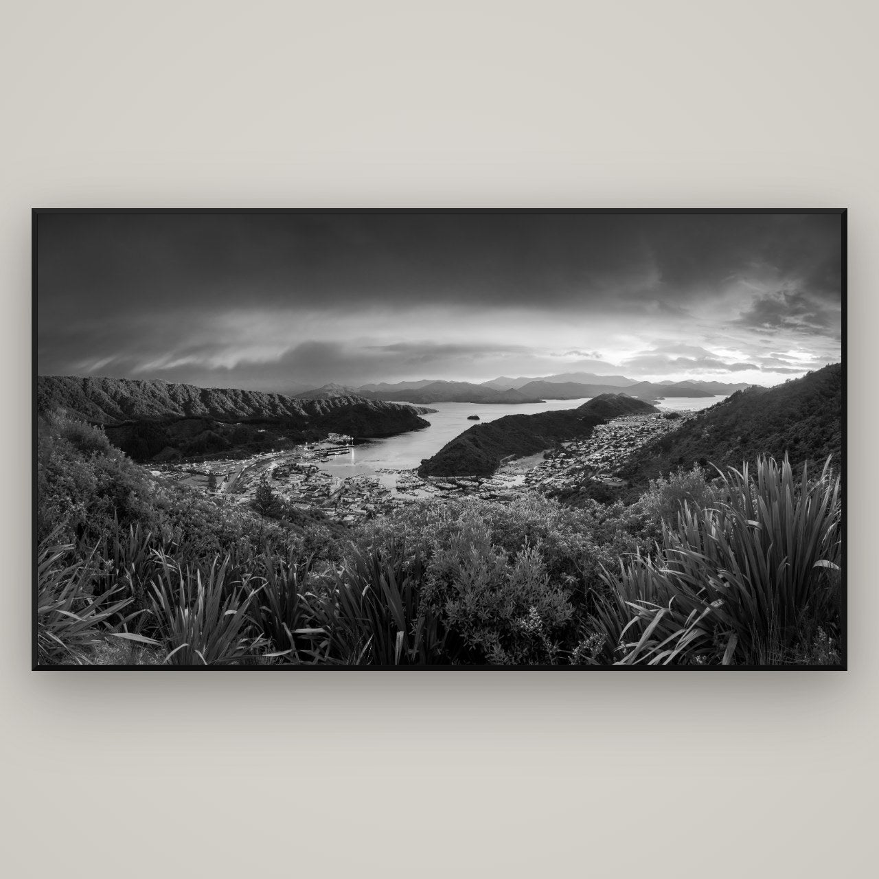 Marlborough Dawn Unveiled, Picton — Basel Black, 196×110 cm. New Zealand fine art wall art by Stephen Milner.