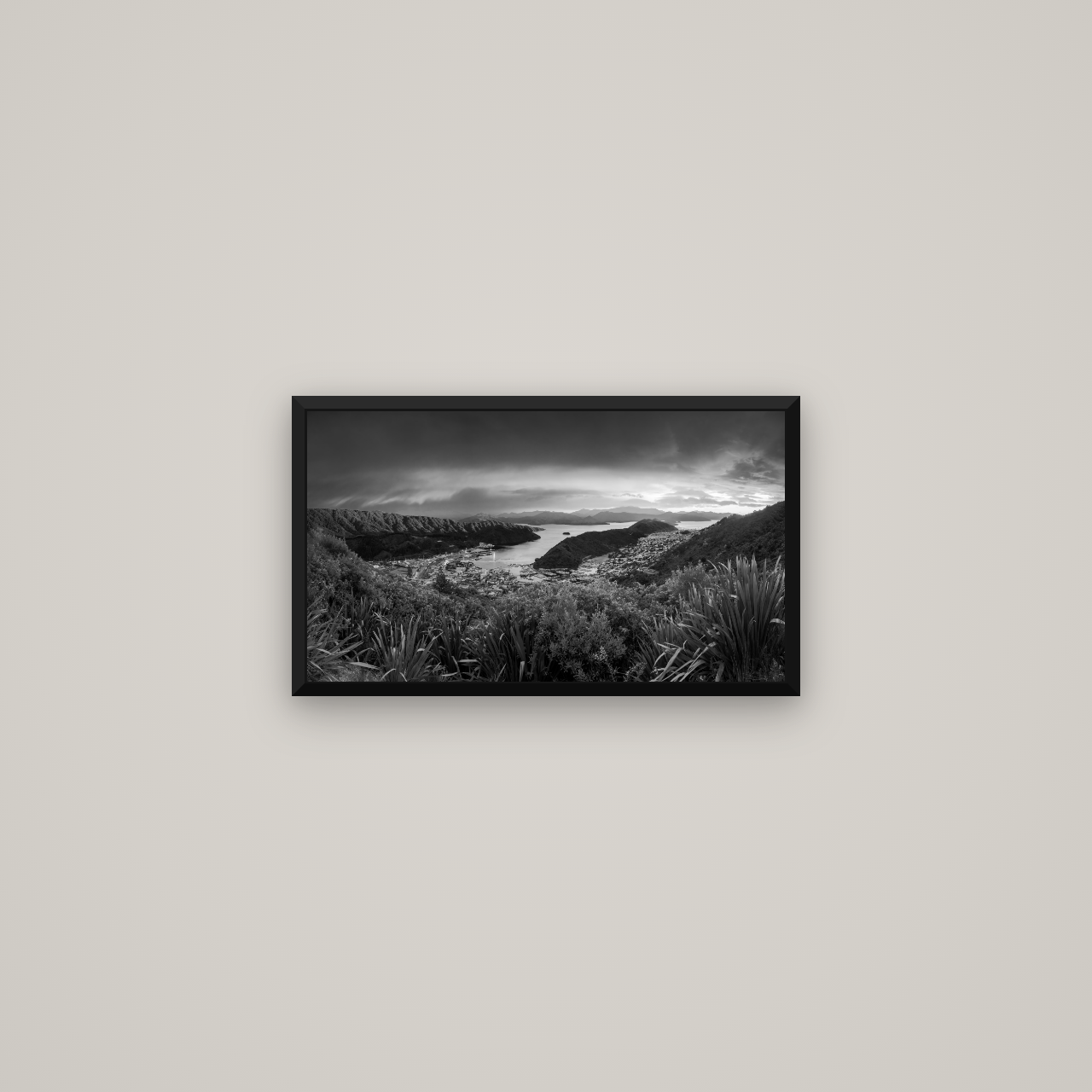 Marlborough Dawn Unveiled, Picton — Basel Black Matte, 53×30 cm. New Zealand fine art wall art by Stephen Milner.