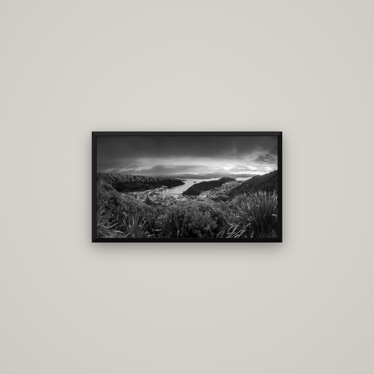 Marlborough Dawn Unveiled, Picton — Basel Black Matte, 64×36 cm. New Zealand fine art wall art by Stephen Milner.