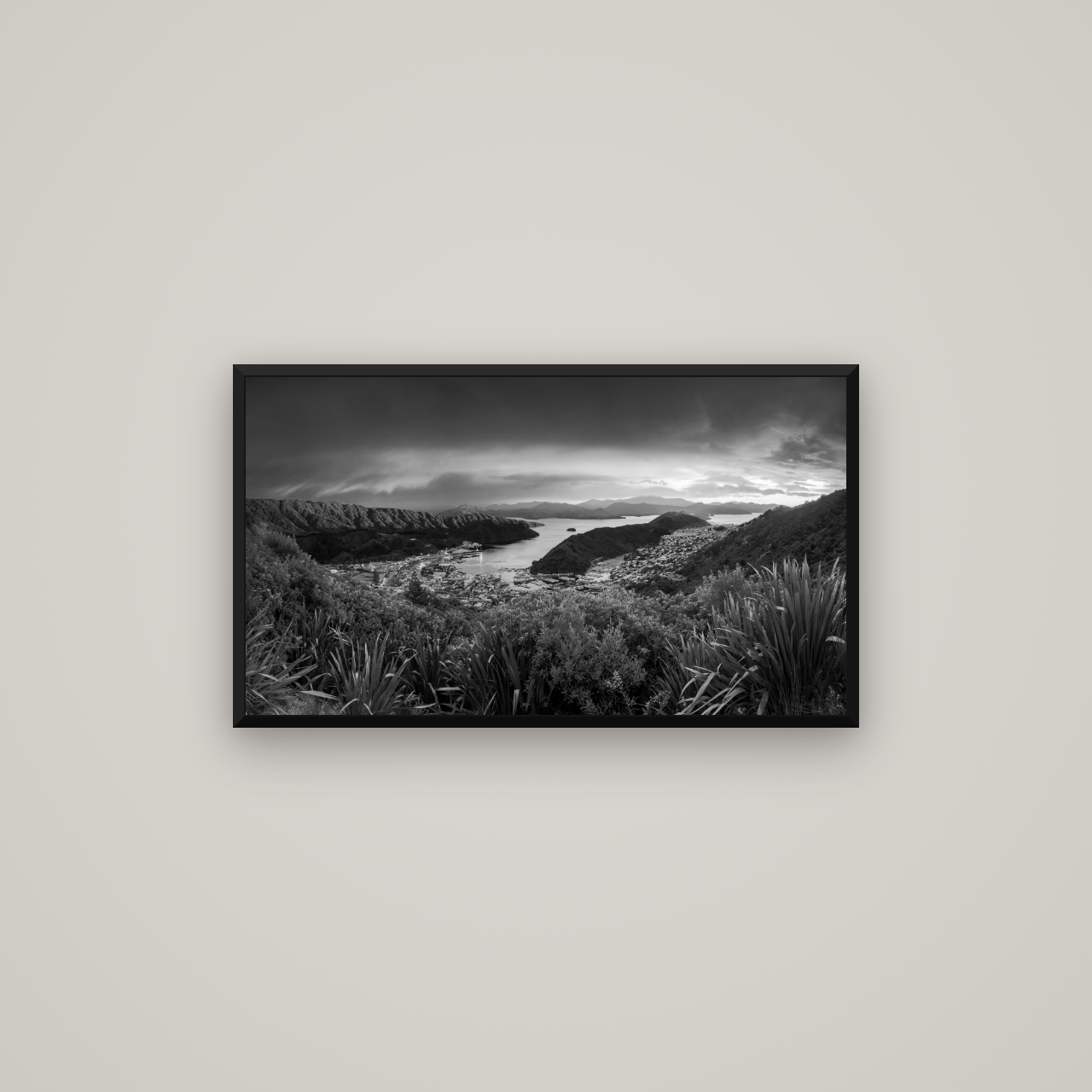 Marlborough Dawn Unveiled, Picton — Basel Black Matte, 80×45 cm. New Zealand fine art wall art by Stephen Milner.