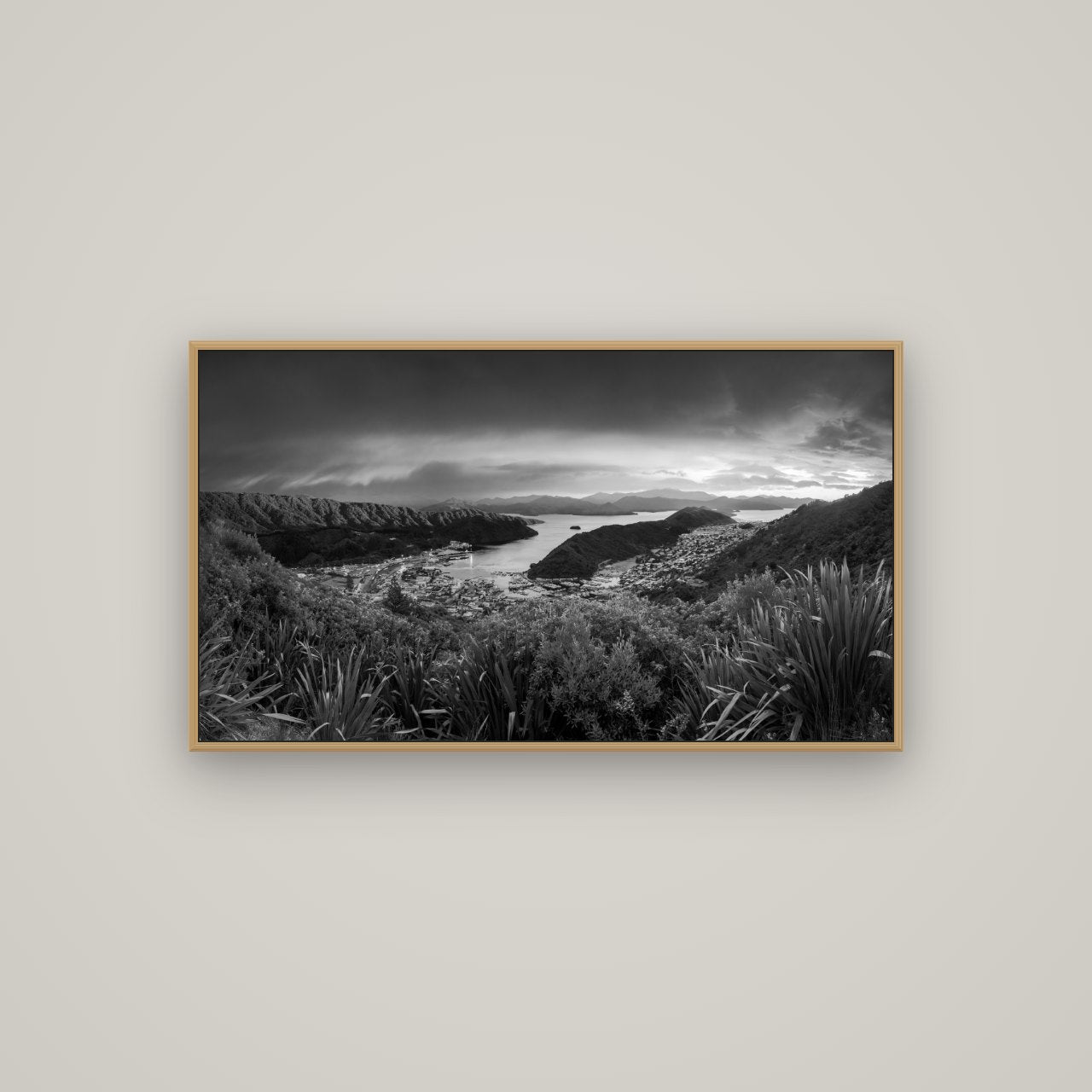 Marlborough Dawn Unveiled, Picton, Basel Natural Oak, 107×60 cm. New Zealand fine art wall art by Stephen Milner.
