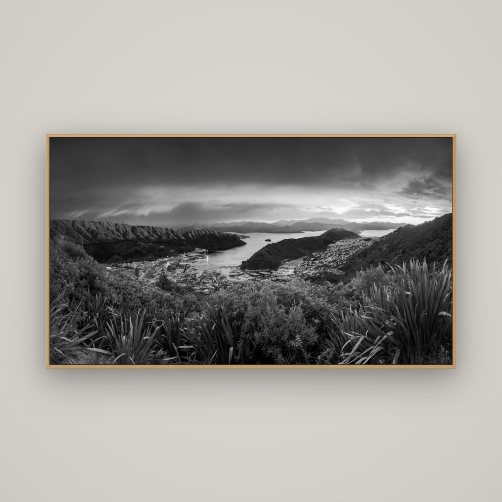 Marlborough Dawn Unveiled, Picton, Basel Natural Oak, 160×90 cm. New Zealand fine art wall art by Stephen Milner.