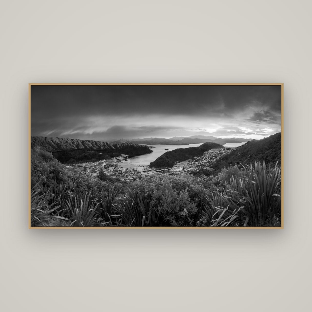 Marlborough Dawn Unveiled, Picton, Basel Natural Oak, 160×90 cm. New Zealand fine art wall art by Stephen Milner.