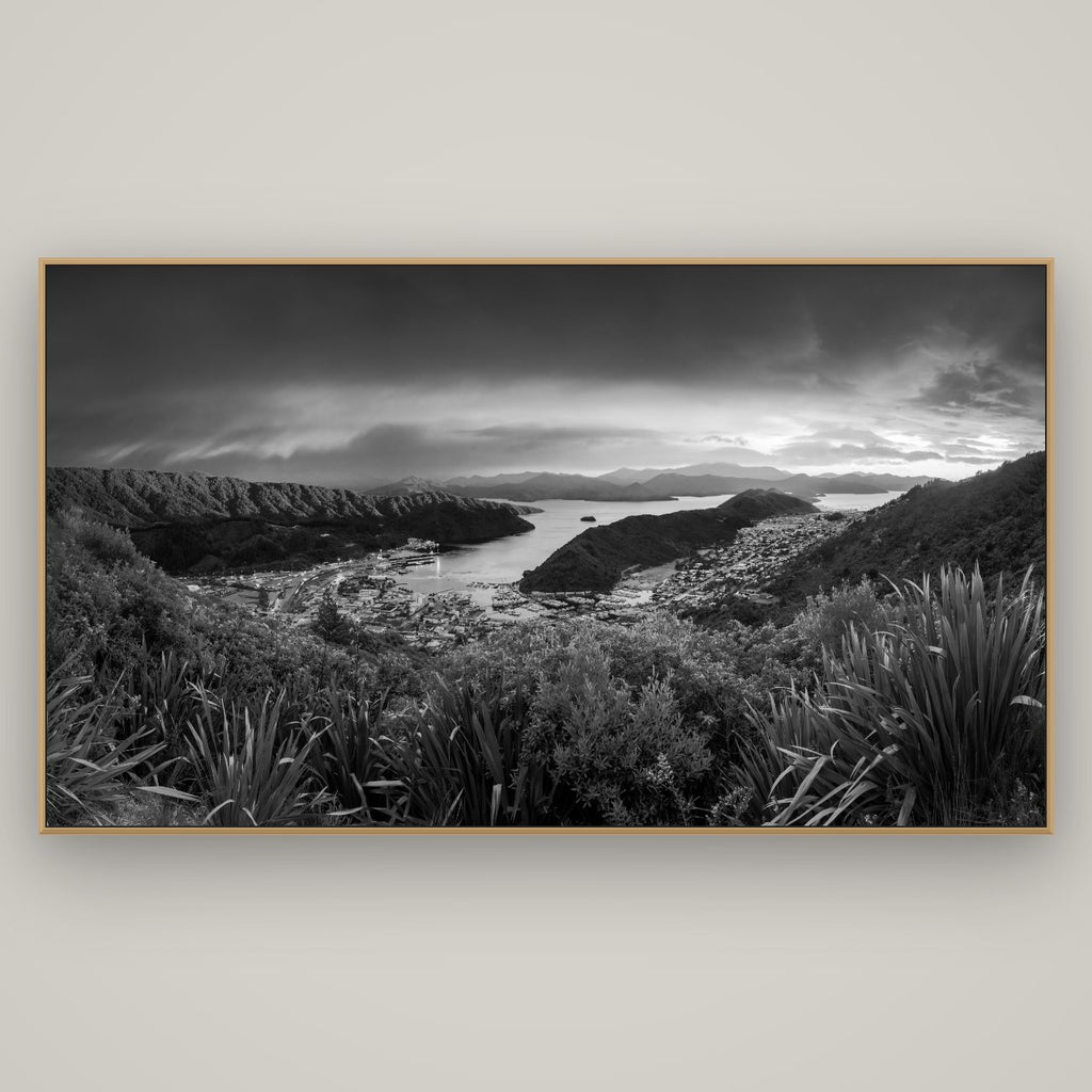 Marlborough Dawn Unveiled, Picton, Basel Natural Oak, 196×110 cm. New Zealand fine art wall art by Stephen Milner.