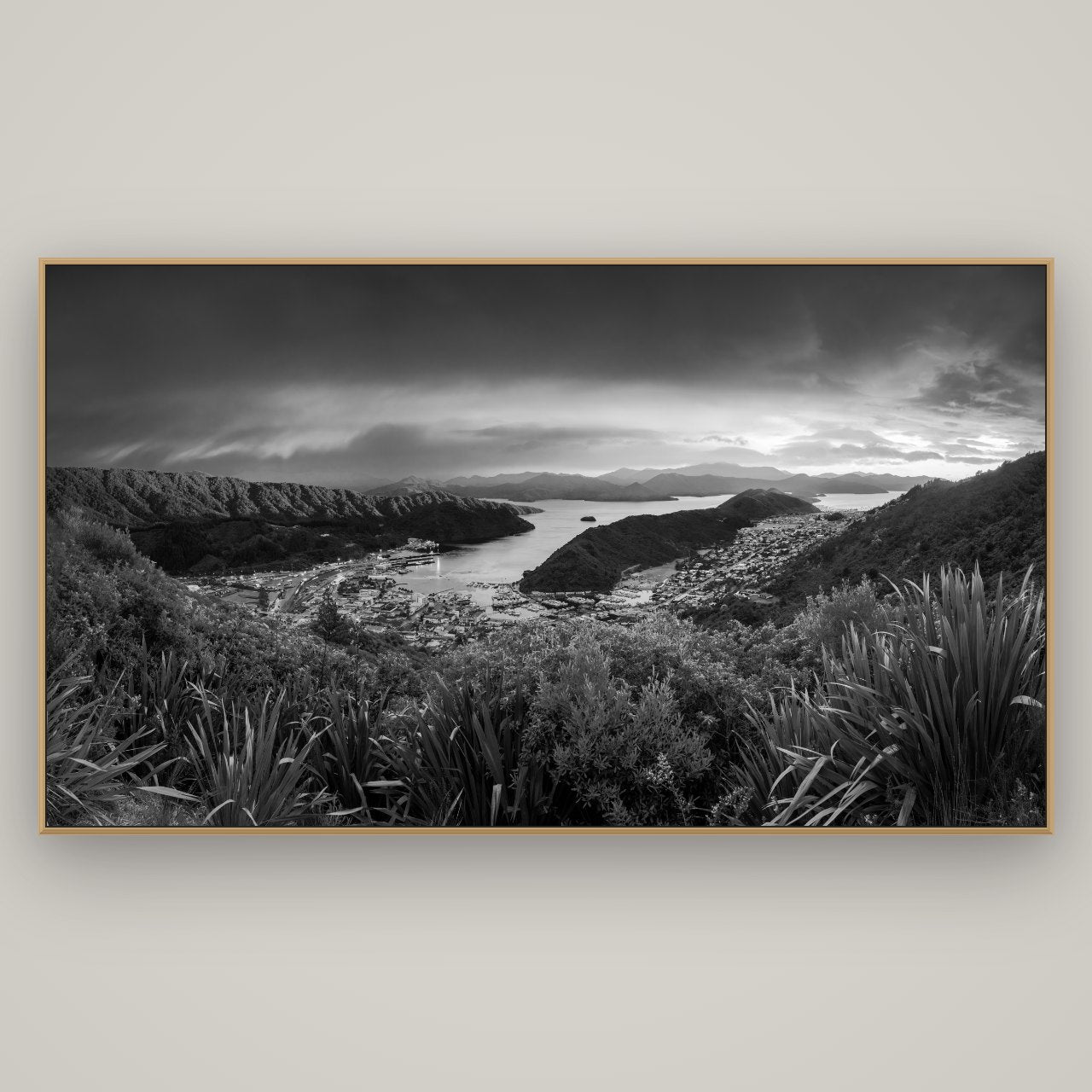 Marlborough Dawn Unveiled, Picton, Basel Natural Oak, 196×110 cm. New Zealand fine art wall art by Stephen Milner.