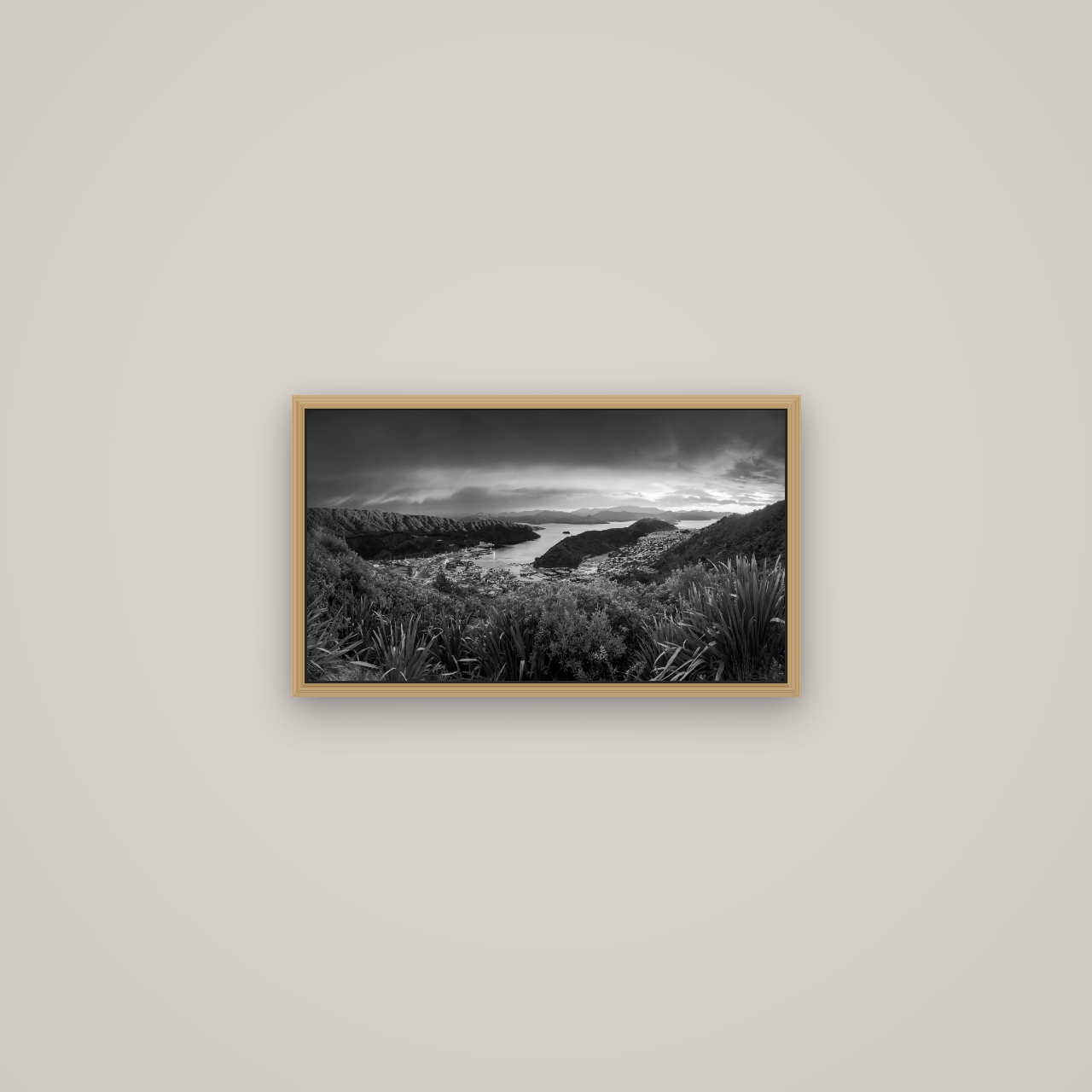 Marlborough Dawn Unveiled, Picton, Basel Natural Oak, 53×30 cm. New Zealand fine art wall art by Stephen Milner.